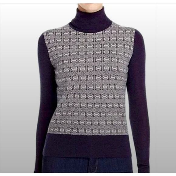 Tory Burch Sweater Medium Turtleneck Chain Link Wool Blend Navy Luxury Winter - Picture 1 of 12
